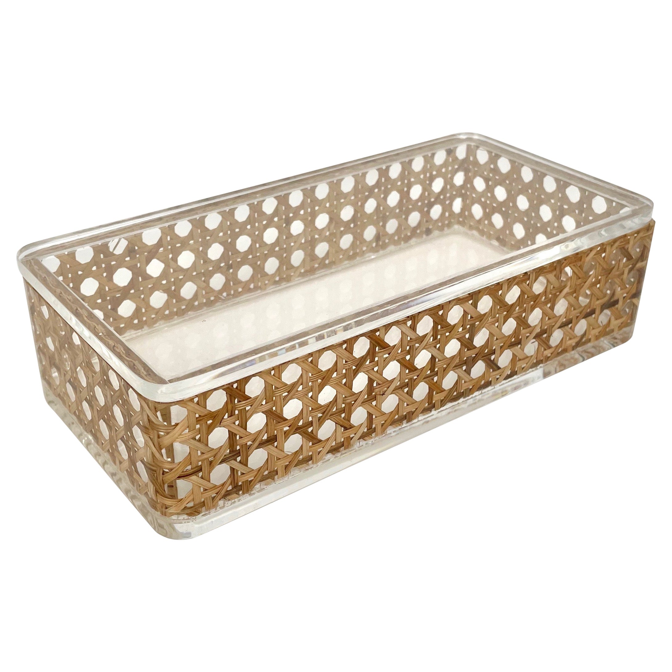Rectangular Box Lucite and Rattan Christian Dior Home Style, Italy, 1970s
