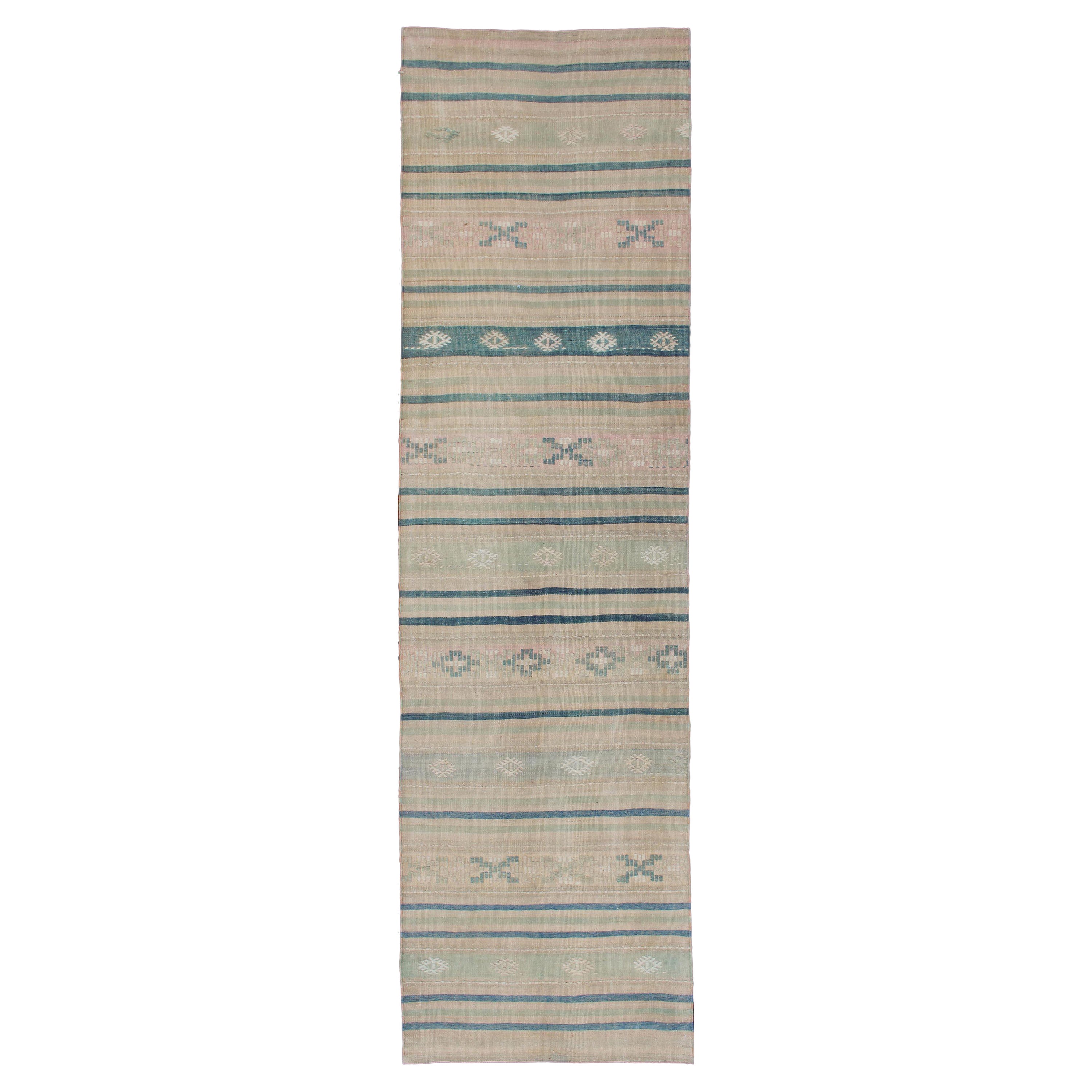 Alfombra Turca Kilim Vintage con Rayas en Tonos Azules, Grises y Marrones