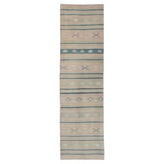 Vintage Turkish Kilim Runner with Stripes in Blue, Gray and Brown Shades