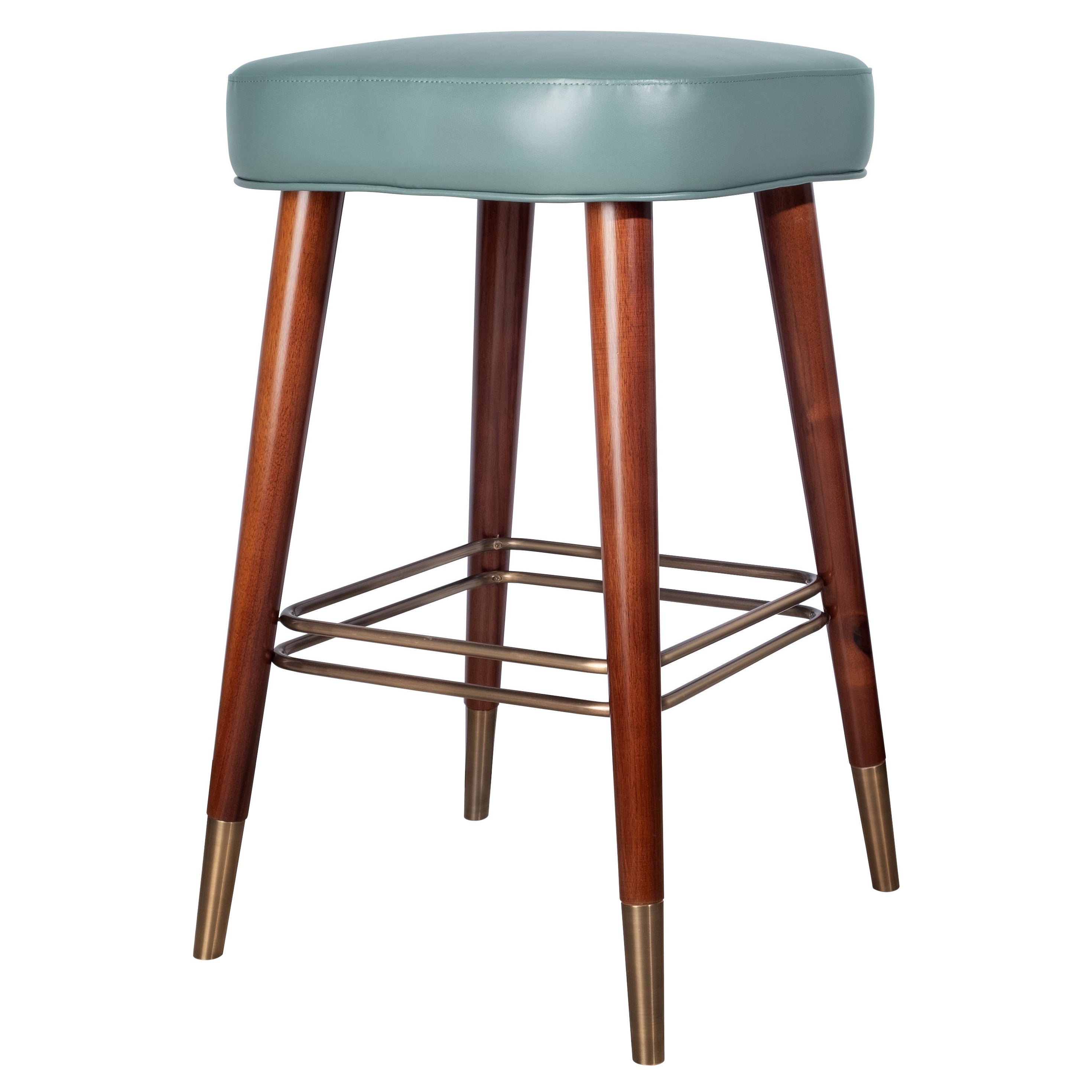 Mid-Century Modern Lauren Bar Stool Leather Walnut Wood Brass For Sale