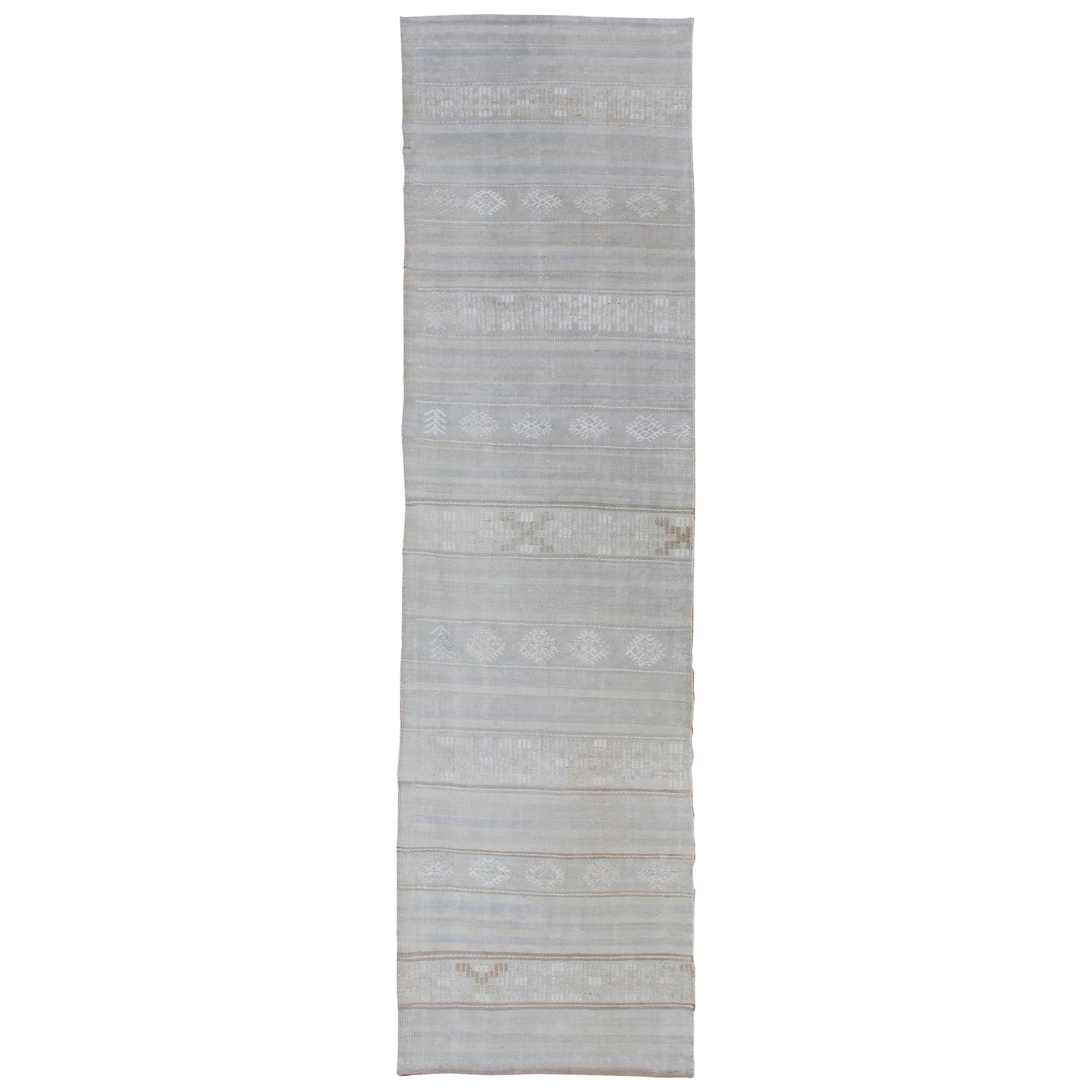 Vintage Turkish Kilim Runner with Stripes in Light Grey and Muted Tones For Sale