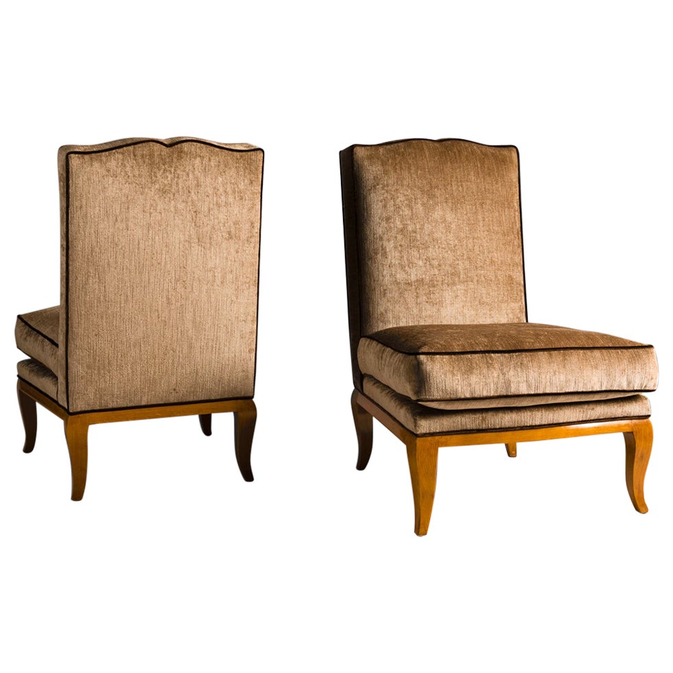 Pair of Velour Upholstered Art Deco Slipper Chairs, 20th Century