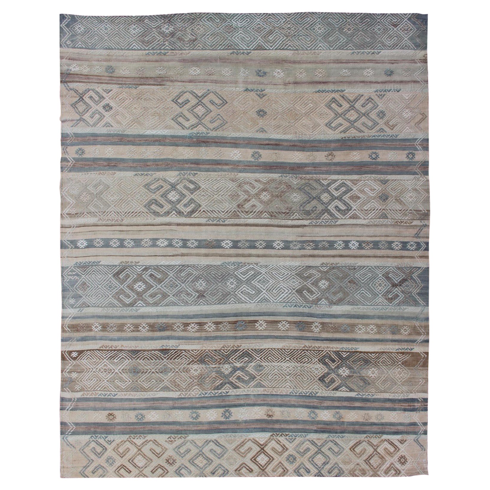 Striped Hand Woven Turkish Vintage Kilim with Geometric Designs For Sale