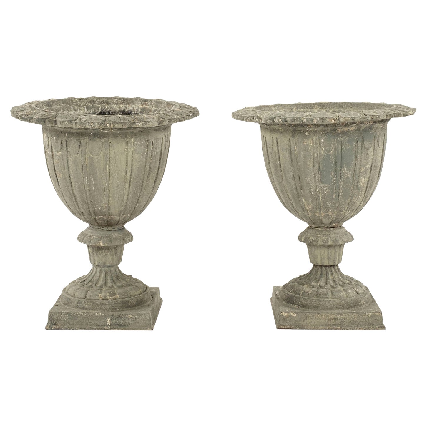 Pair of French Gray Painted Cast Iron Garden Urns