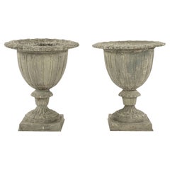 Vintage Pair of French Gray Painted Cast Iron Garden Urns