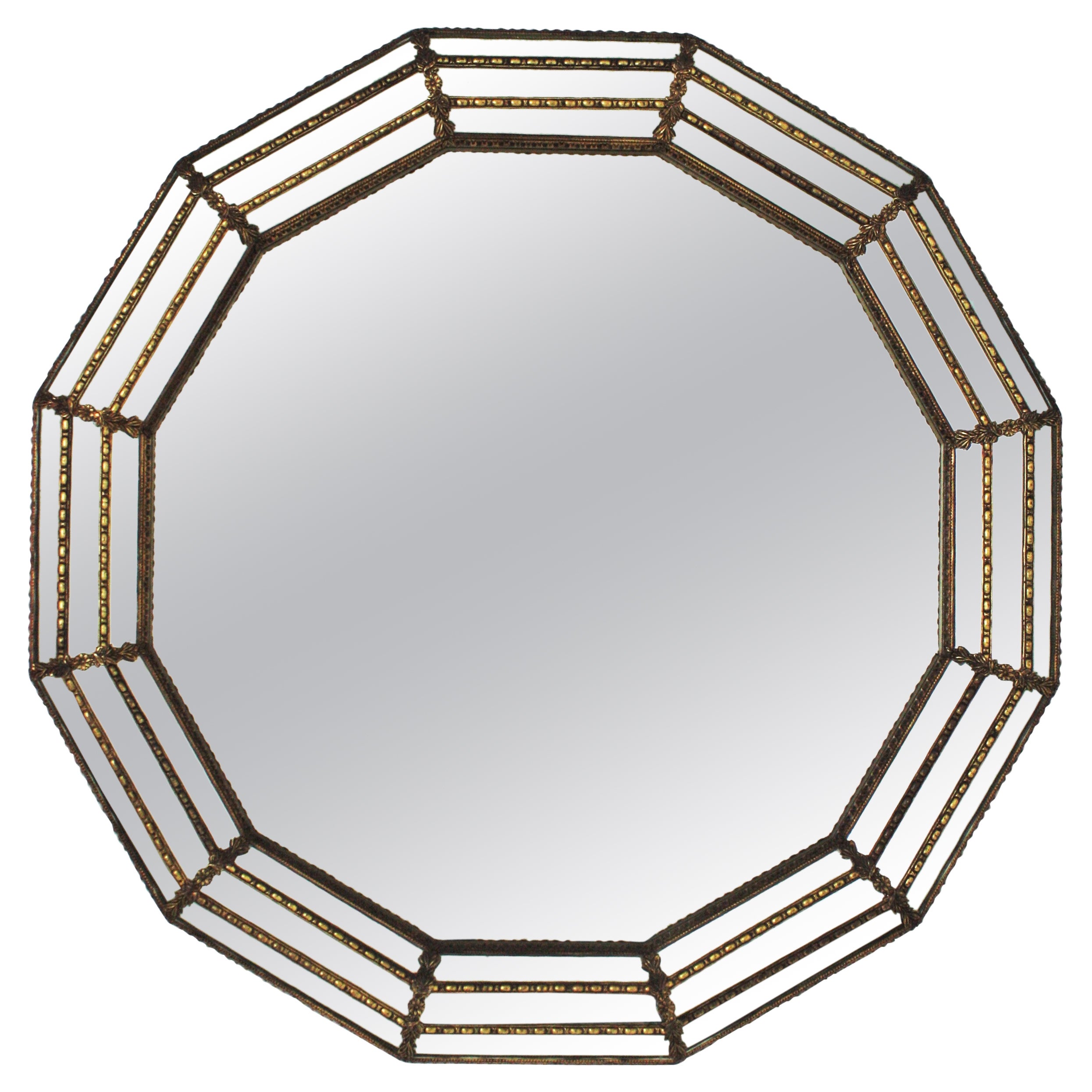 Venetian Modern Round Mirror with Brass Details For Sale