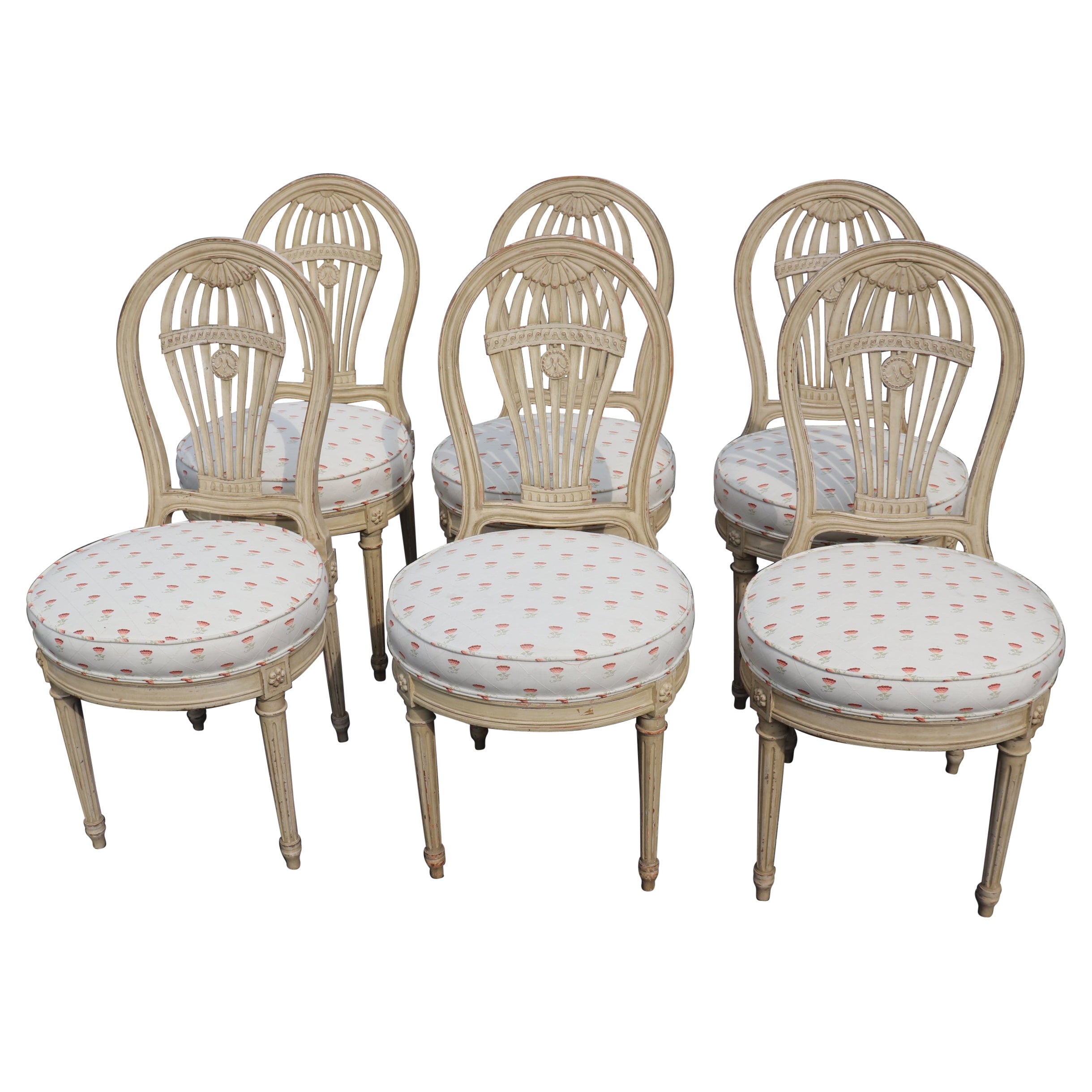 Set 6 Balloon Back Signed Maison Jansen Louis XVI Dining Chairs in Antique White