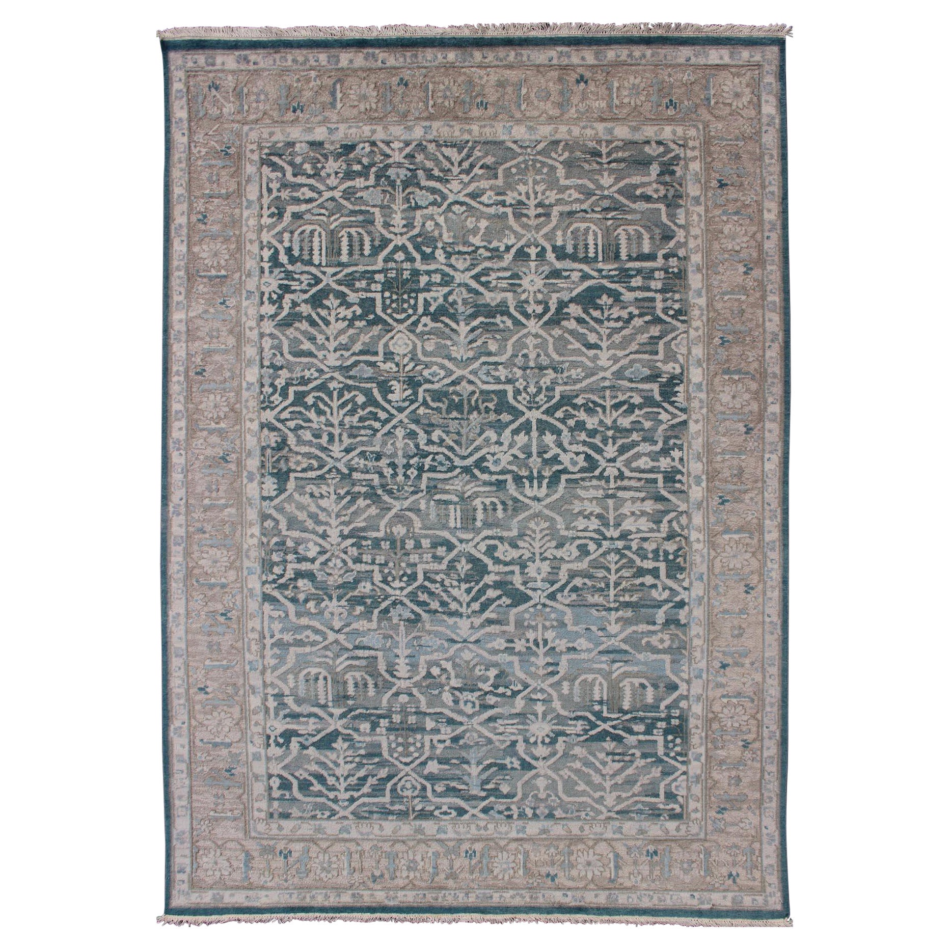 Tapis moderne Khotan avec motif géométrique sur fond bleu sarcelle