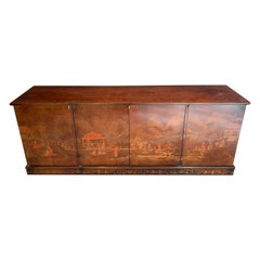 Mid-Century Modern Brown Chinoiserie Credenza Sideboard Buffet Bar Sideboard