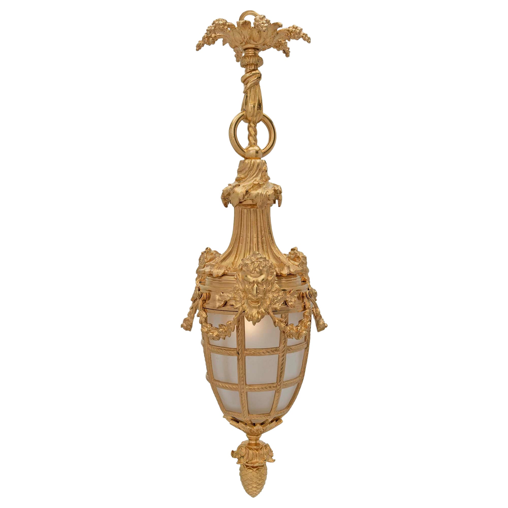 French 19th Century Louis XVI St. Ormolu and Hand Blown Glass Lantern