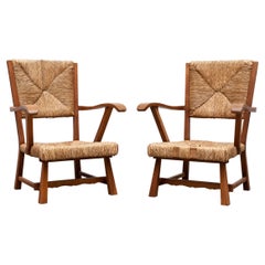 Beautiful Pair of Mid-Century Woven Rush and Beech wood Arm Chair