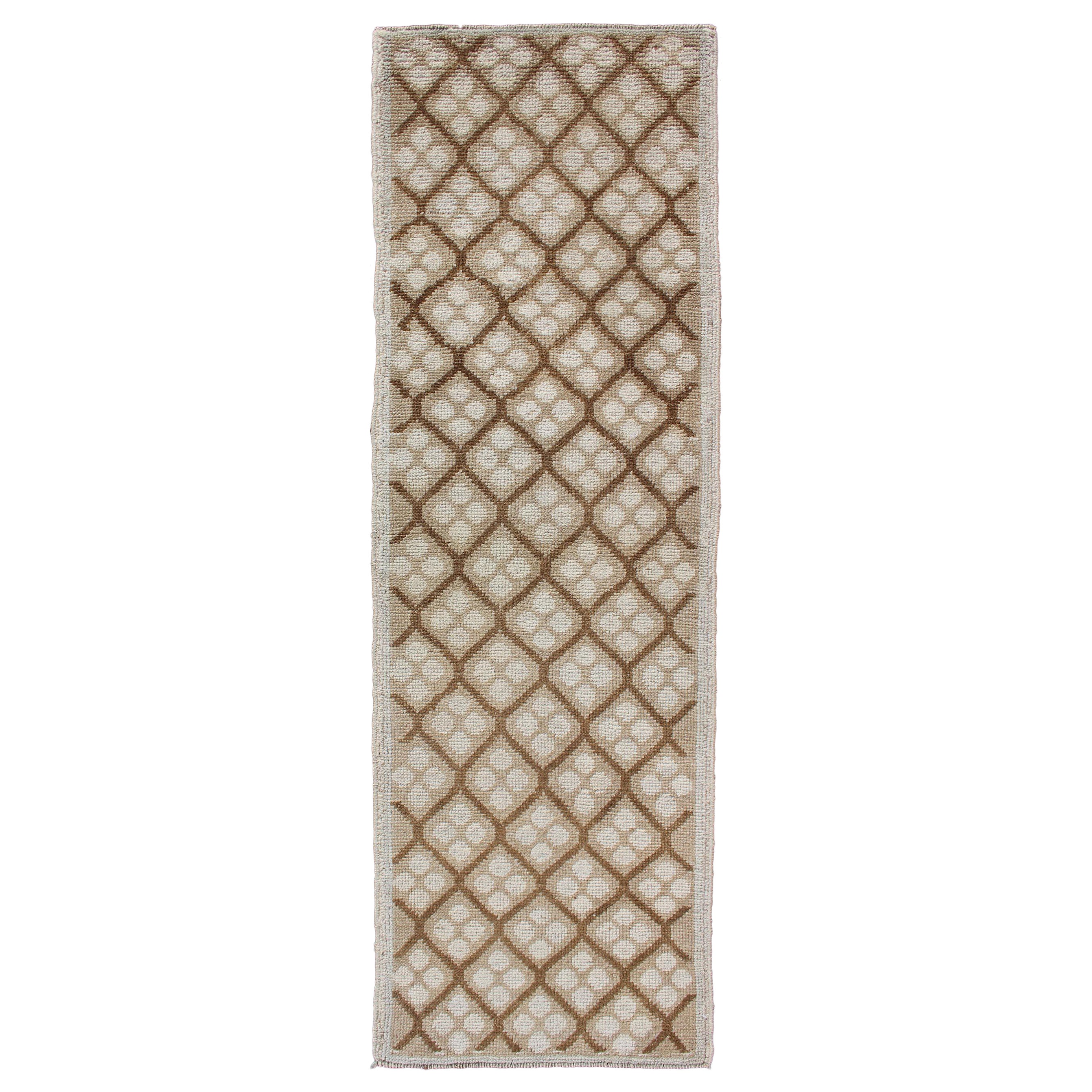 Tribal Vintage Hand Knotted Oushak Runner with All-Over Diamond Design