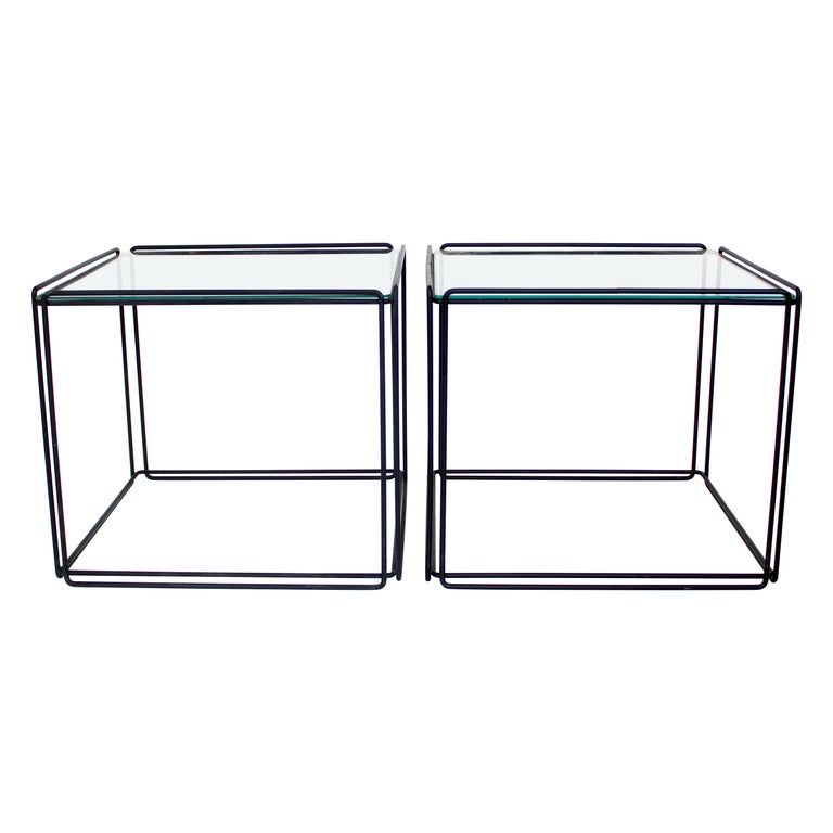 Max Sauze Isoceles Pair of Black Metal and Glass Side or Coffee Tables, France For Sale