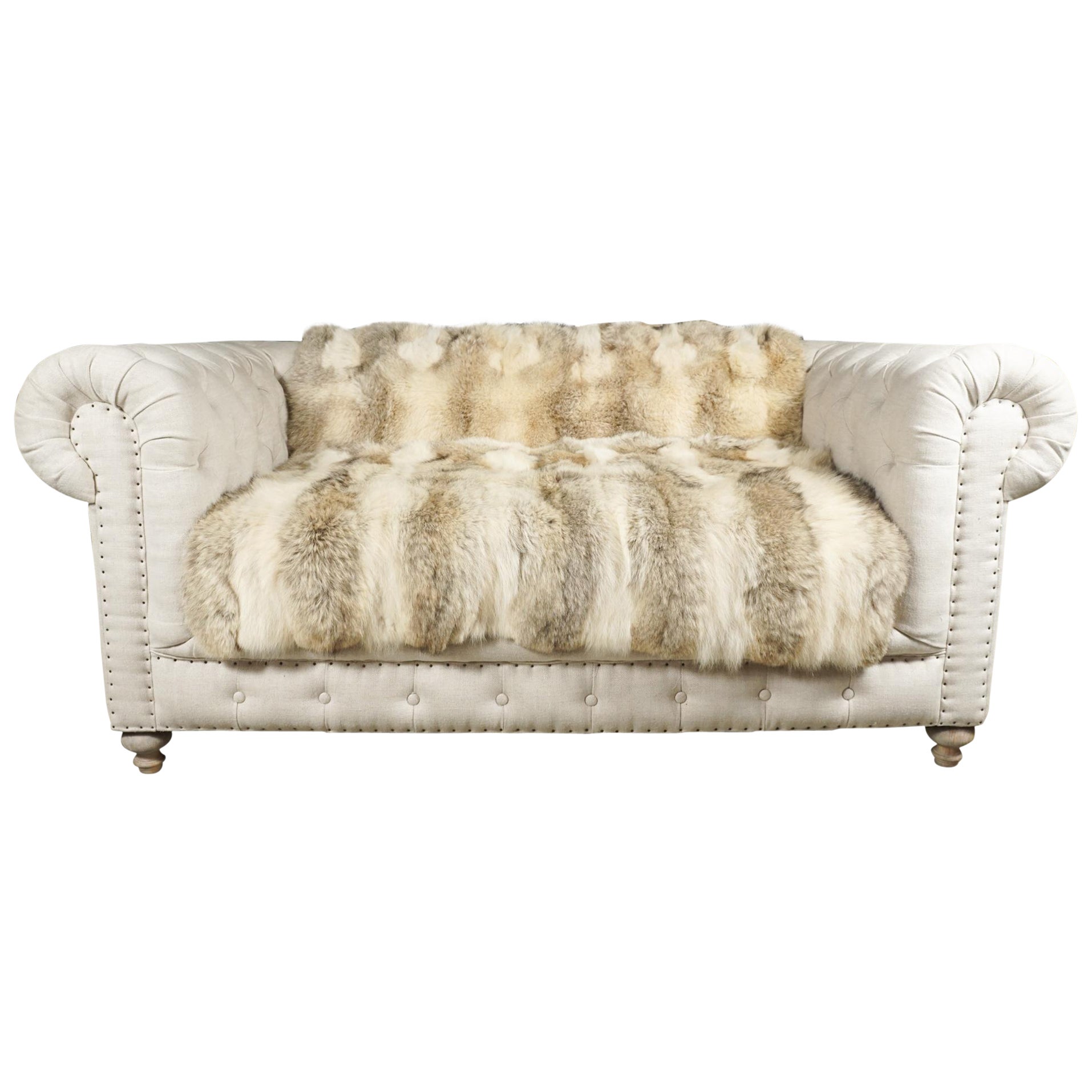 Vintage Edwardian Style Linen Upholstered Button Tufted Chesterfield Sofa For Sale