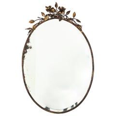 French Oval Mirror in Gilt Iron with Foliage Floral Top, 1940s