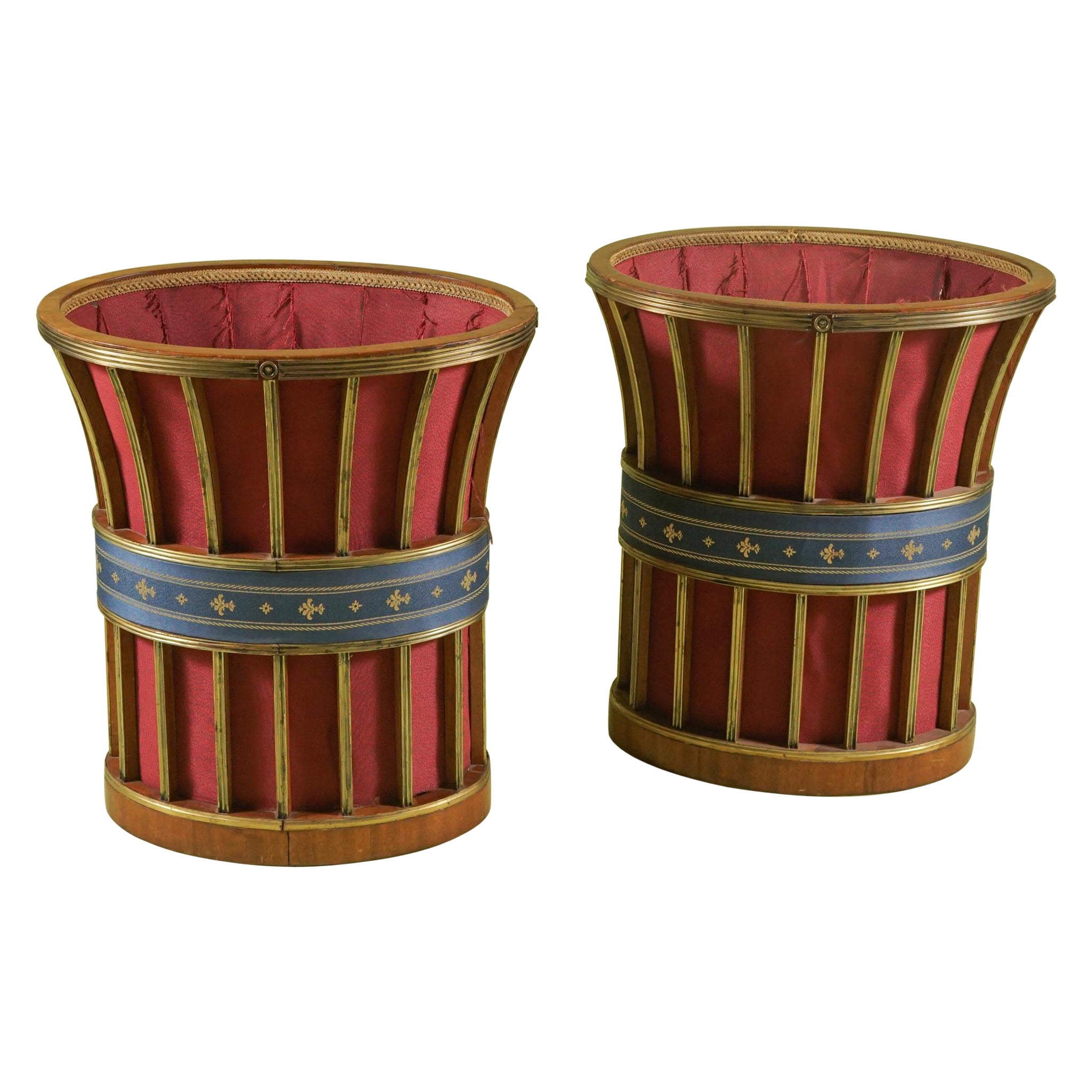 Pair of Large 19th Century Russian Neoclassic Brass Decorated Mahogany Baskets For Sale
