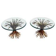 Mid-Century Modern Pair of Wheat Sheaf Side End Tables Brass & Glass, 1970s