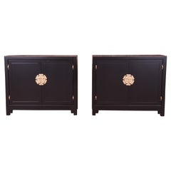 Henredon Hollywood Regency Chinoiserie Black Lacquered Cabinets, Refinished