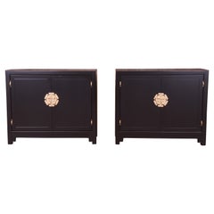 Vintage Henredon Hollywood Regency Chinoiserie Black Lacquered Cabinets, Refinished