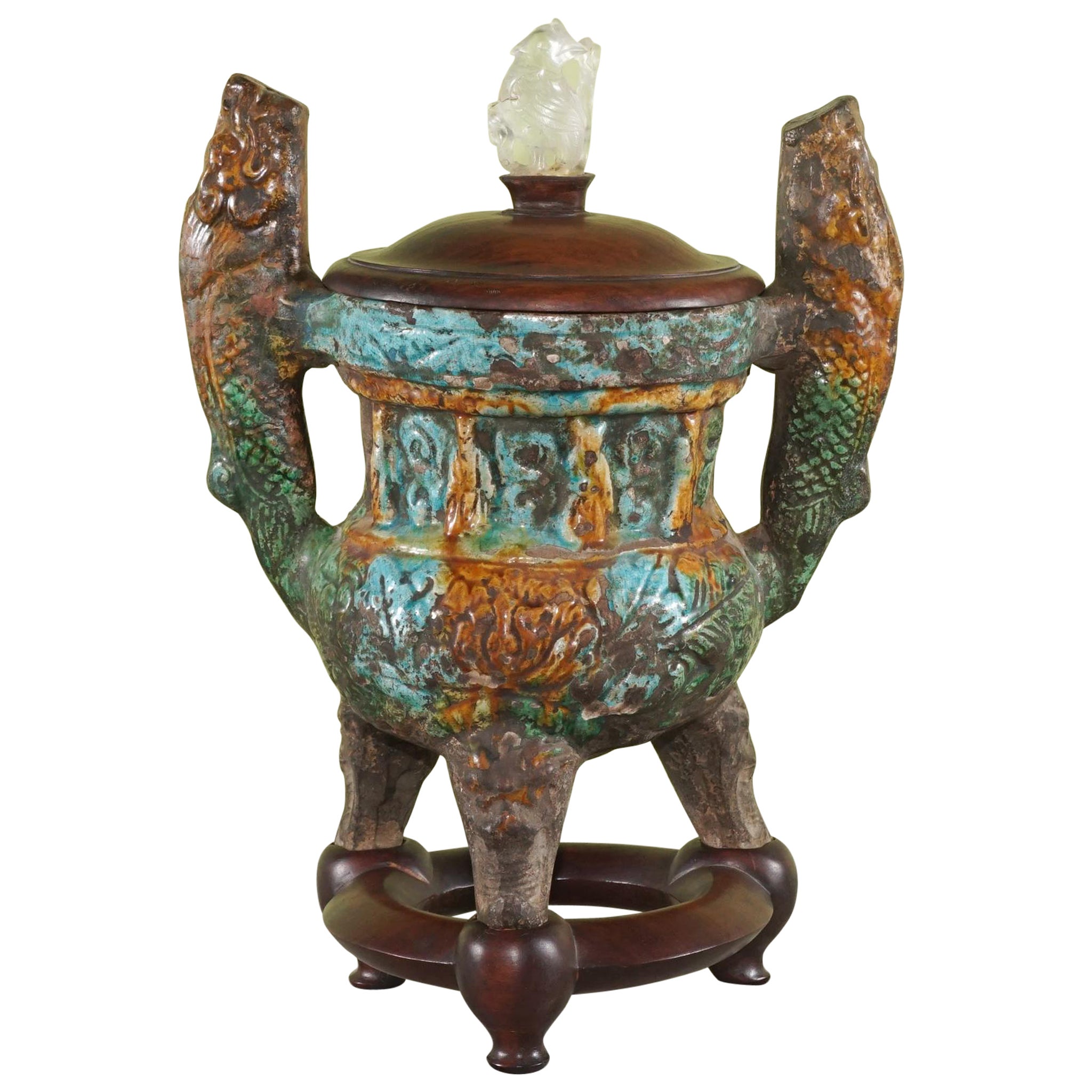 Chinese Ming period Dynasty Buddhist Incense Burner with a Rock Crystal Finial For Sale