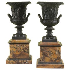 Large Pair of 19th Century Italain Medici Urns on Sienna Marble Bases