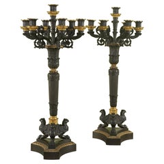 Pair of Empire Style Patinated and Gilded Bronze Candelabra