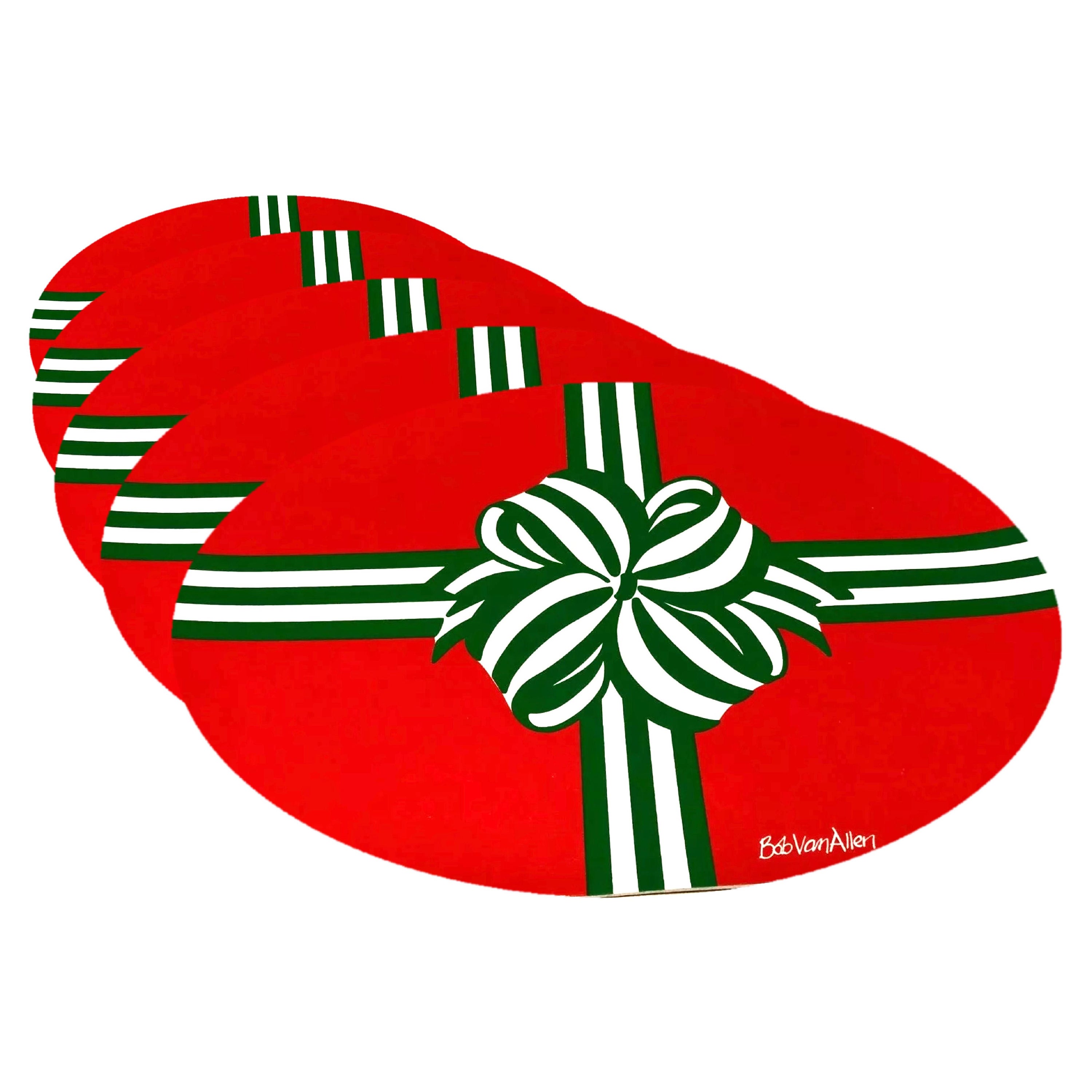 Bob Van Allen Holiday Bow Red & Green Oval Placemat Set of 5 & Napkin Set of 10 For Sale