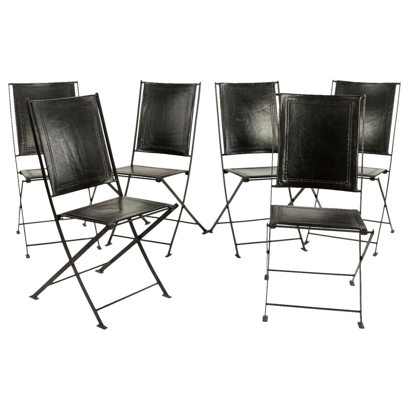 Set of Six Campaign Style Leather and Steel Dining Chairs