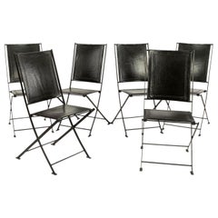 Set of Six Campaign Style Leather and Steel Dining Chairs