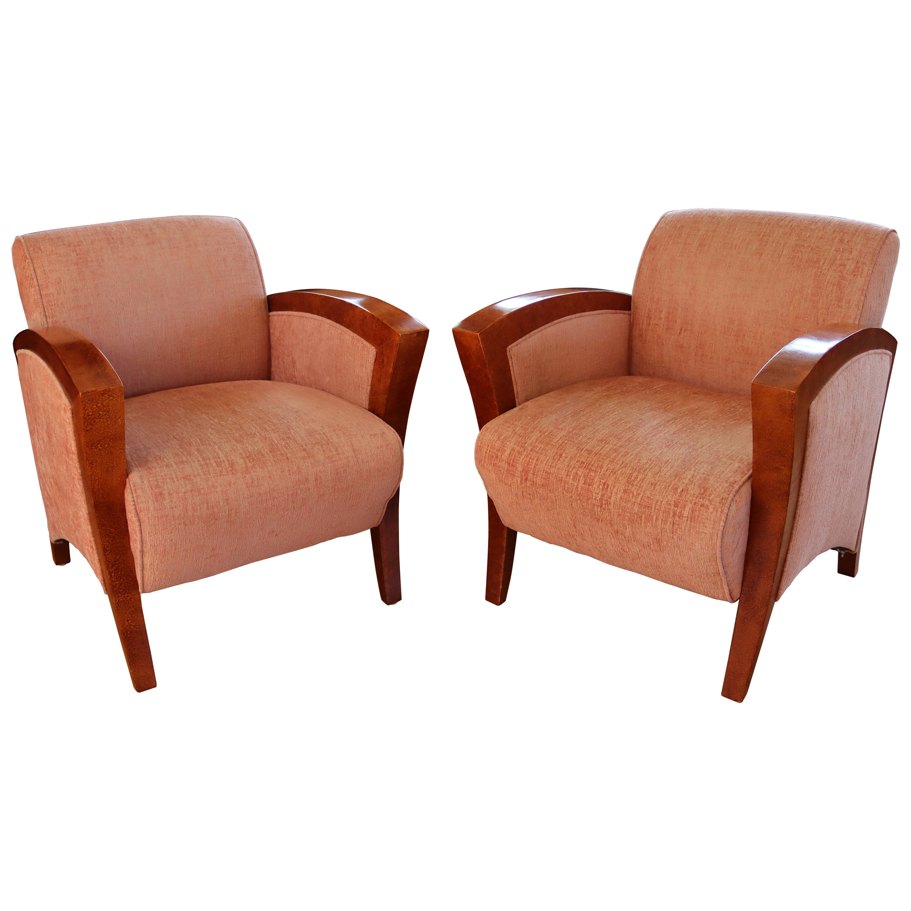 Art Deco Style Pair of French Club Lounge Chairs Curved Wood Velvet