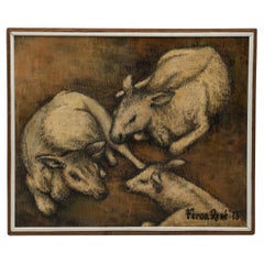 Oil on Canvas Painting of Sheep, France, Circa 1973
