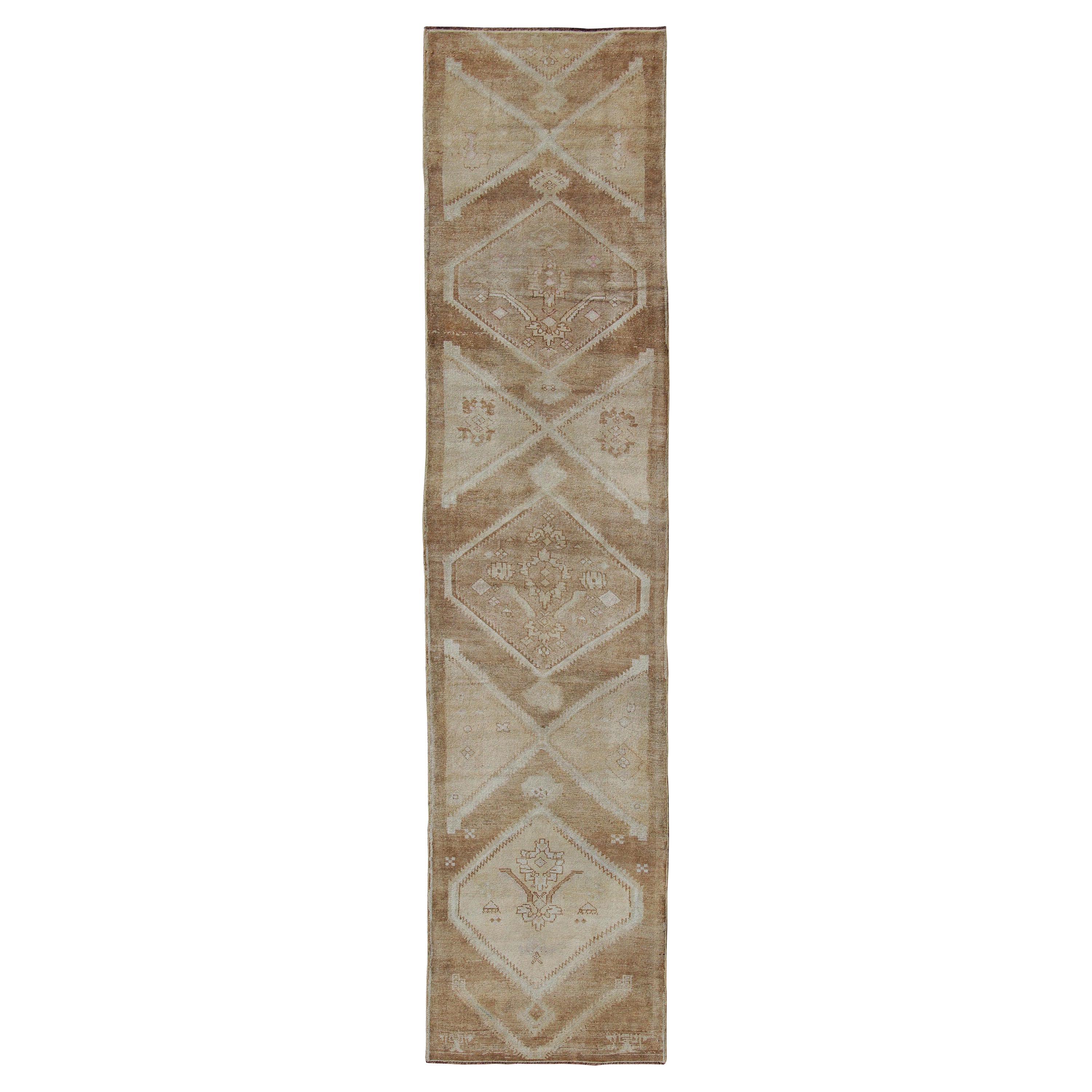 Vintage Turkish Oushak Runner Neutral and Warm Colors with Tribal Medallions For Sale