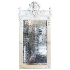 Antique French Carved Mirror with Distressed Beveled Glass in White Finish