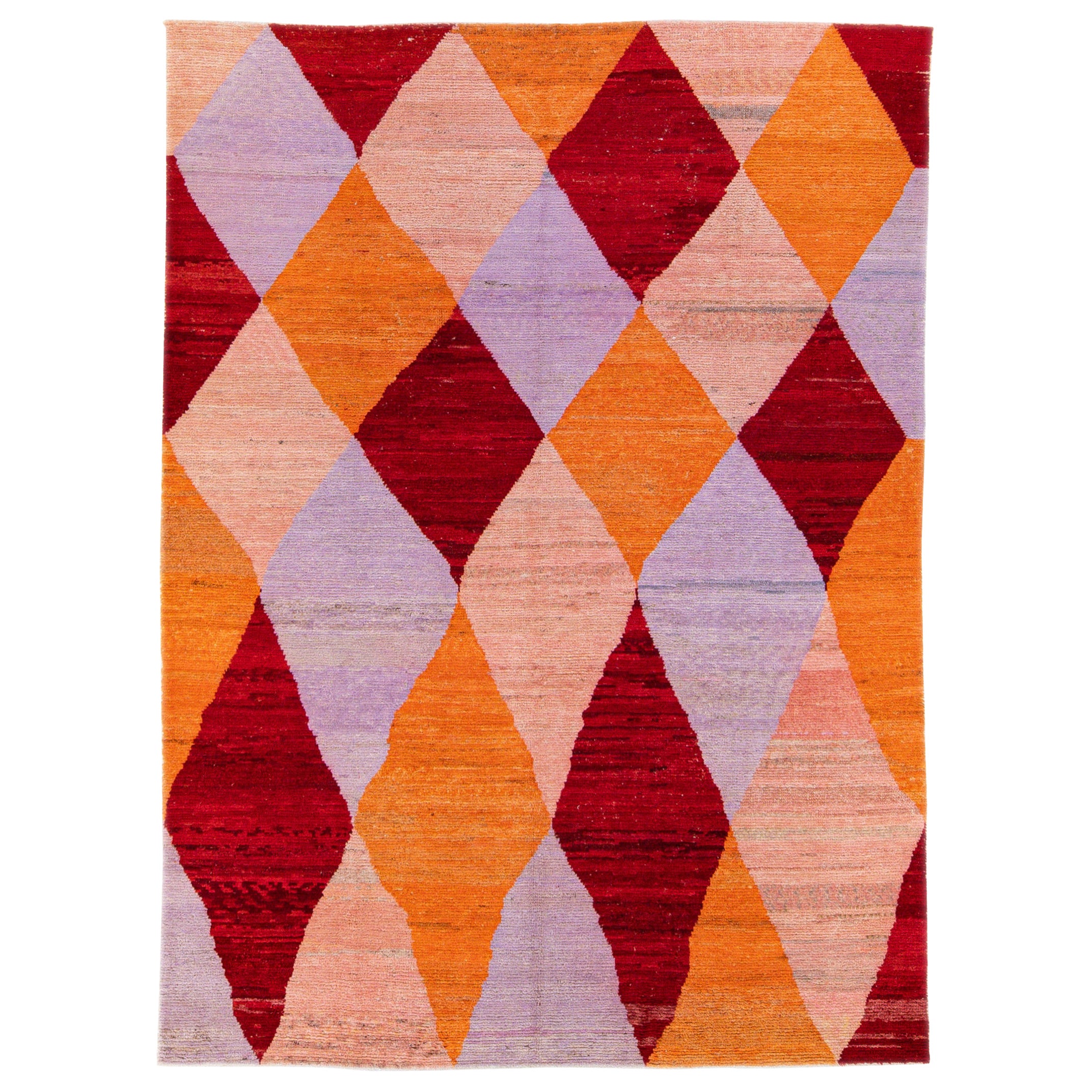 Modern Turkish Multicolor Geometric Diamond Pattern Wool Rug For Sale