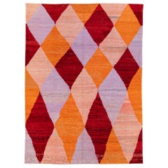 Modern Turkish Multicolor Geometric Diamond Pattern Wool Rug