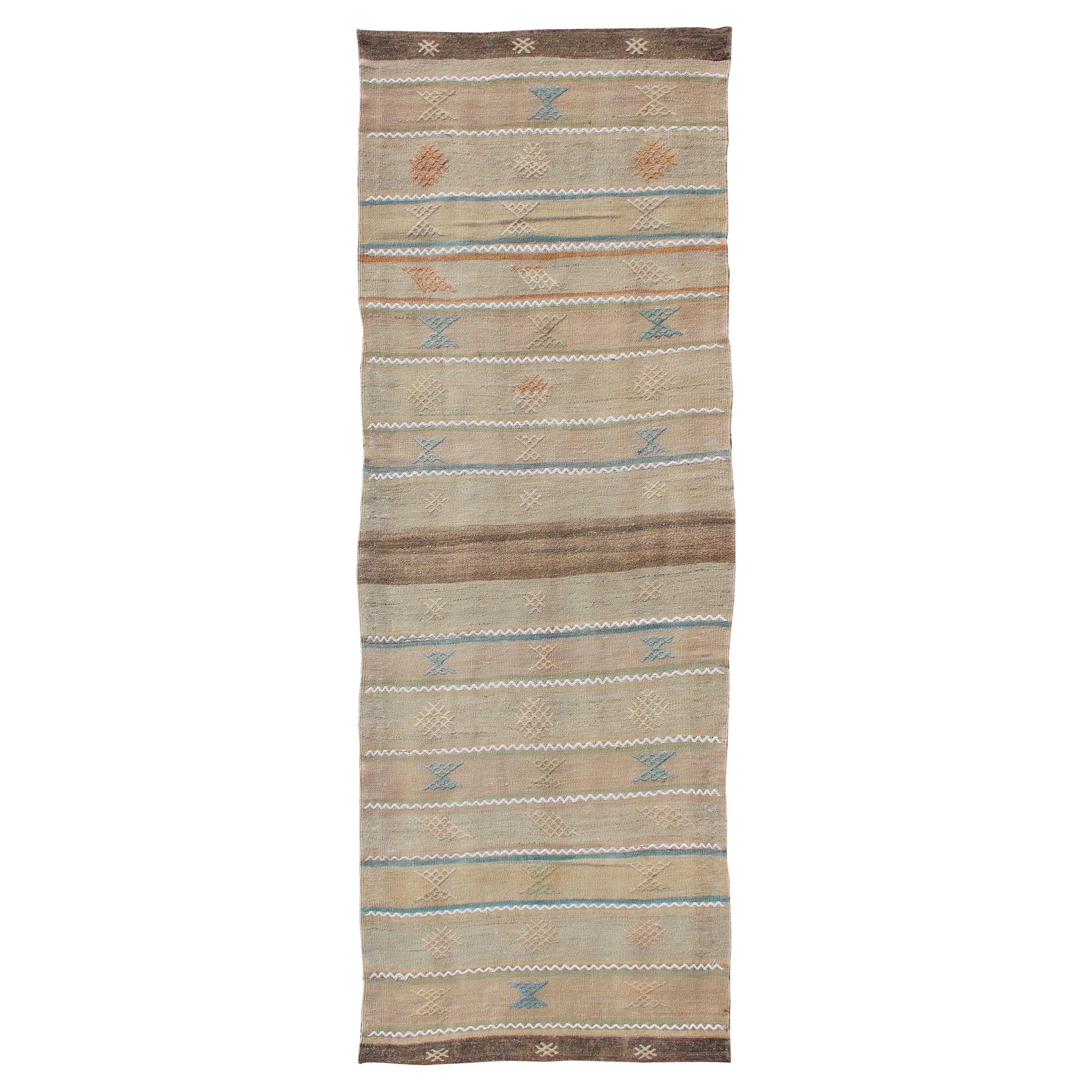 Vintage Turkish Kilim Runner in Stripe and Modern Design with Geometric Motif  For Sale