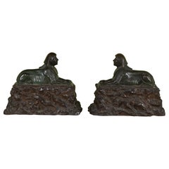 Large Antique Pair of Bronze Sphinxs on Rocky Bases