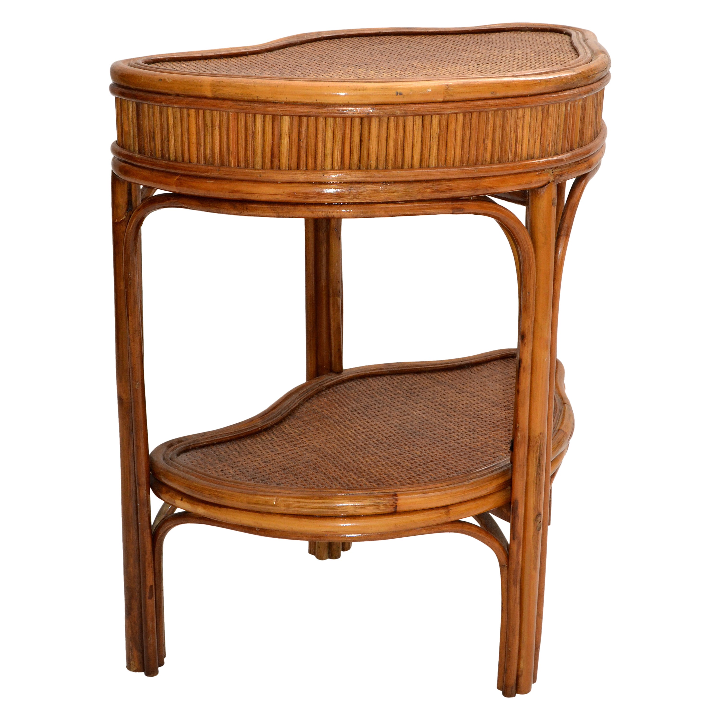 Chinoiserie Bamboo & Rattan Handmade Two-Tier Side, End Table Asian Modern 70s