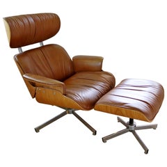 Mid-Century Modern Selig Lounge Chair & Ottoman 1970s Brown Eames Style