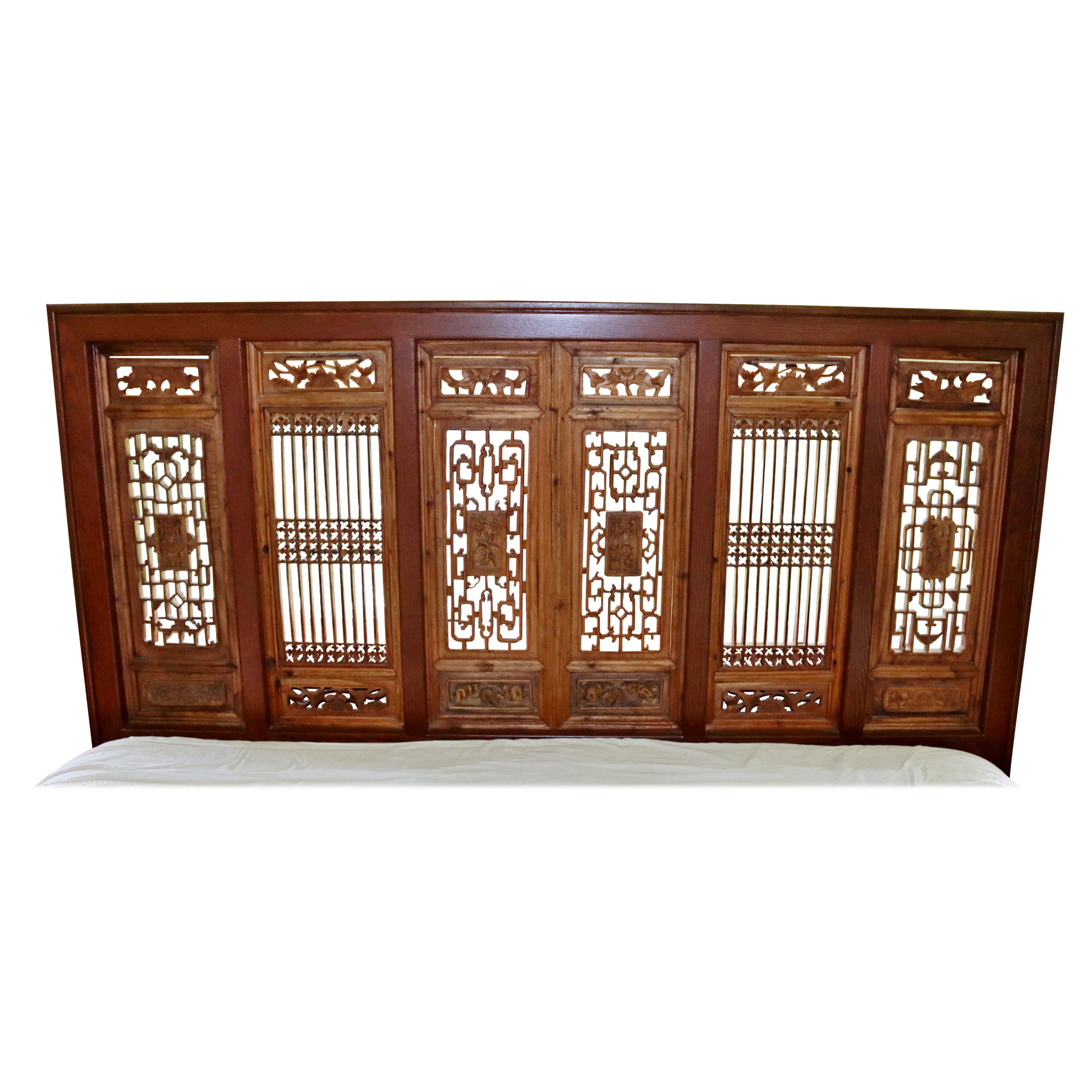 Mid-Century Modern King Size Asian Carved Wood Screen Headboard, 1970s