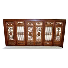 Vintage Mid-Century Modern King Size Asian Carved Wood Screen Headboard, 1970s