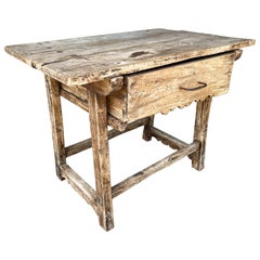 Antique Early Spanish Rustic Oak Side Table with Drawer & Iron Pull