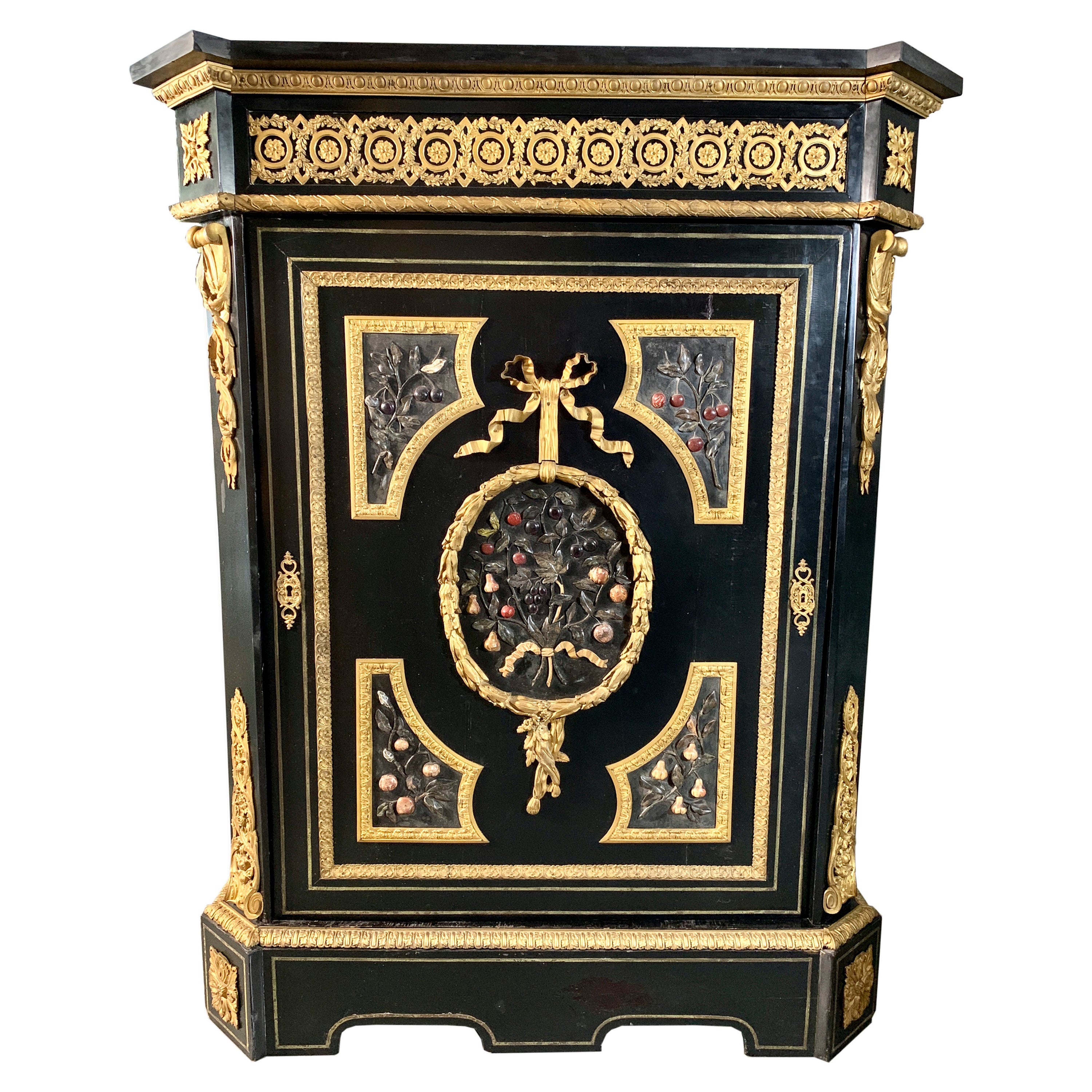 A Very Fine Antique Ebonized Wood & Ormolu Mounted Pietra Dura Cabinet For Sale