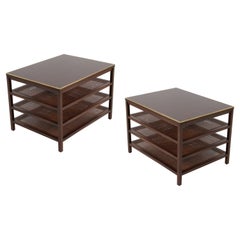 Pair of Paul McCobb 3 Tiered End Tables in Mahogany with Cane and Brass Edge