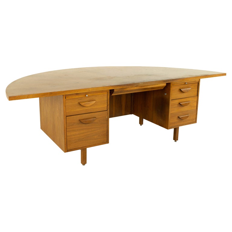 Jens Risom Style Mid Century Half Round Walnut Executive Desk at