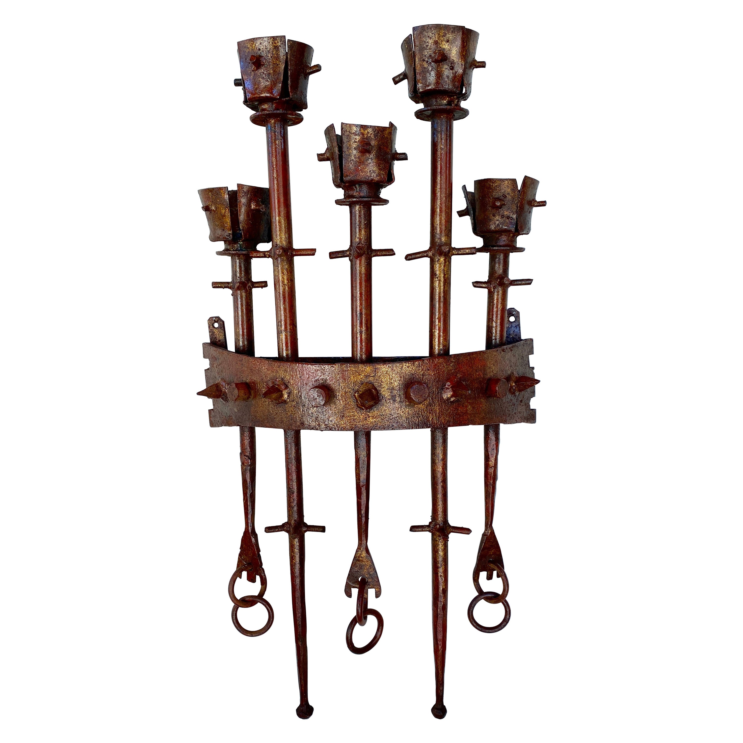 Brutalist Wrought Iron Spanish Wall Sconce in Gilt and Red Lacquer