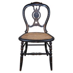 Antique Victorian Black Lacquer & Stenciled Balloon Back Cane Side Chair Regency