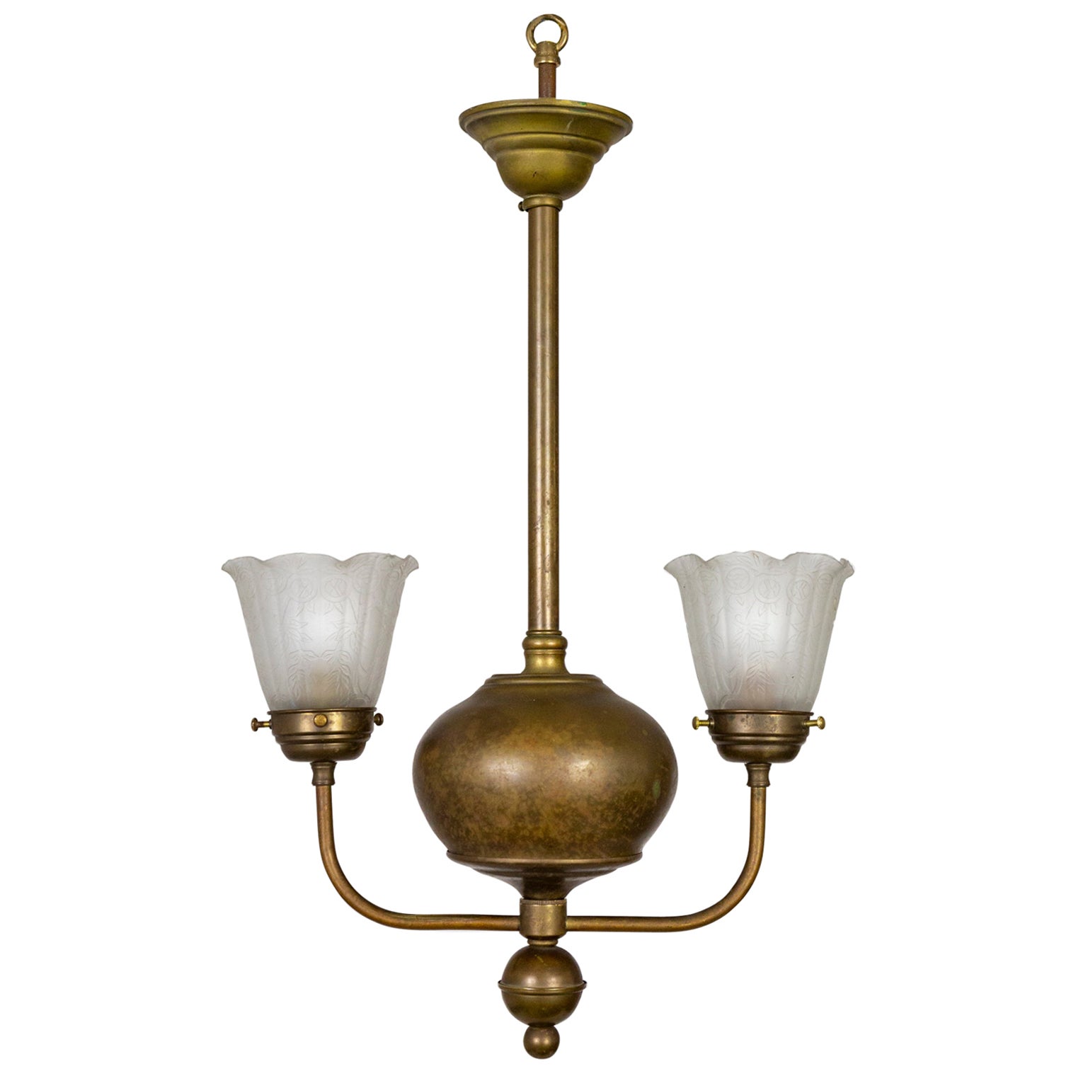 Streamlined Victorian 2-Arm Brass Ball Pendant Chandelier