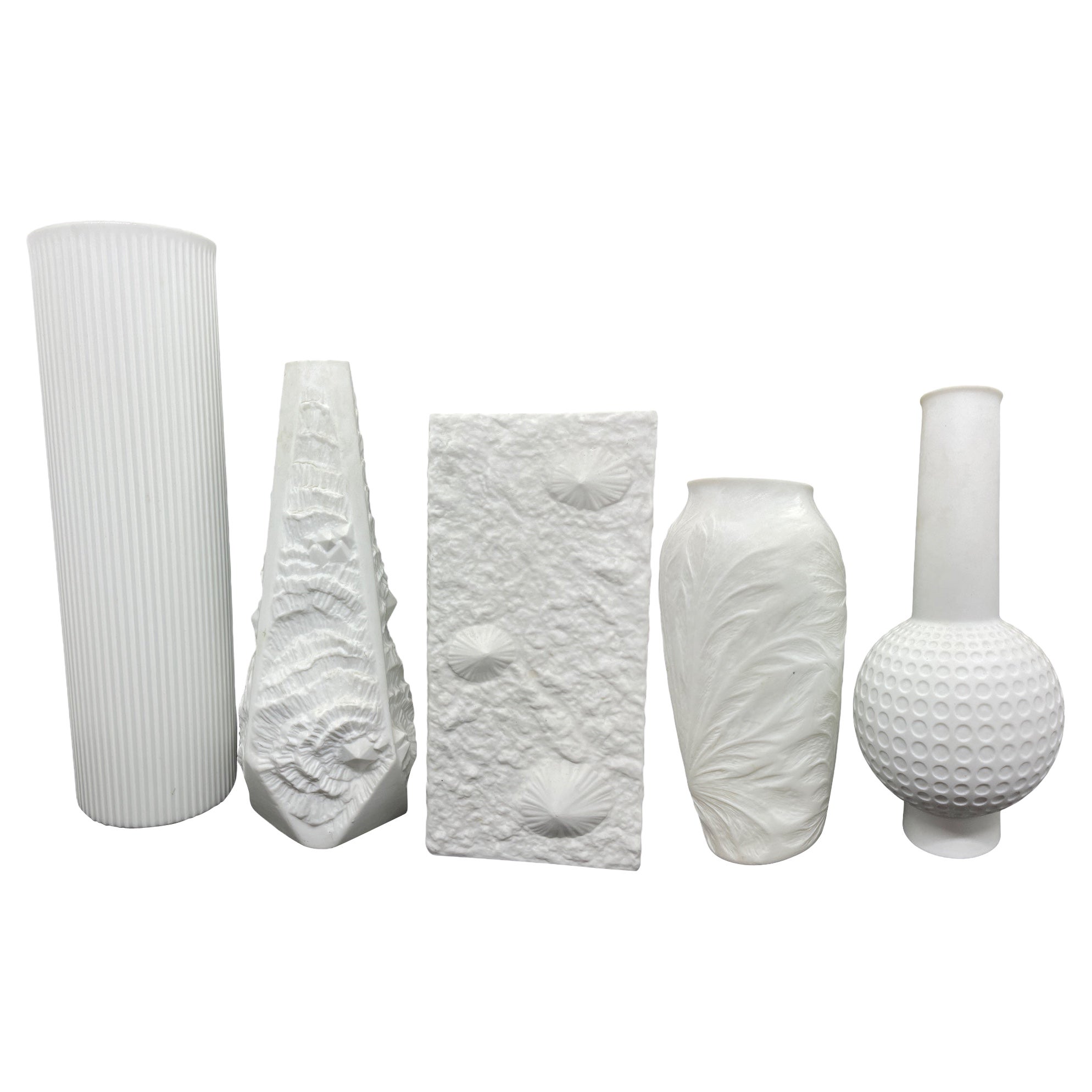 Set of Five German Vintage Textured White Bisque Porcelain Vases Hutschenreuther