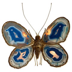 1970′ Wall Lamp Butterfly Duval Brasseur or Isabelle Faure, Wings Blue Agates